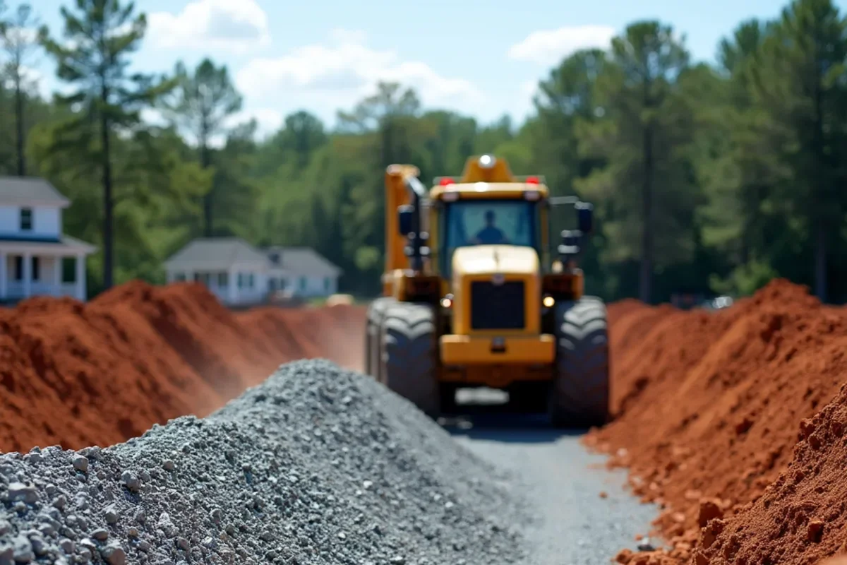 Compacted crusher run stone base isolating concrete from expansive red clay soil in Edgefield County
