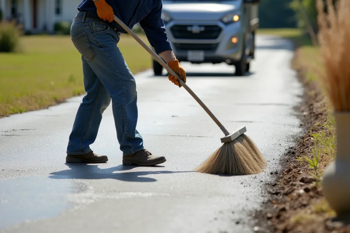 Finisher applying non-slip broom texture to wide farm driveway approach in Edgefield County