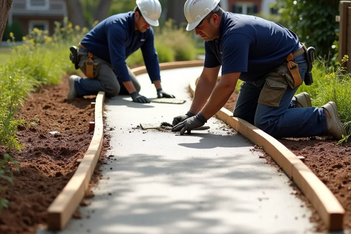 Hand-finished pedestrian concrete sidewalk respecting historic tree roots in downtown Edgefield