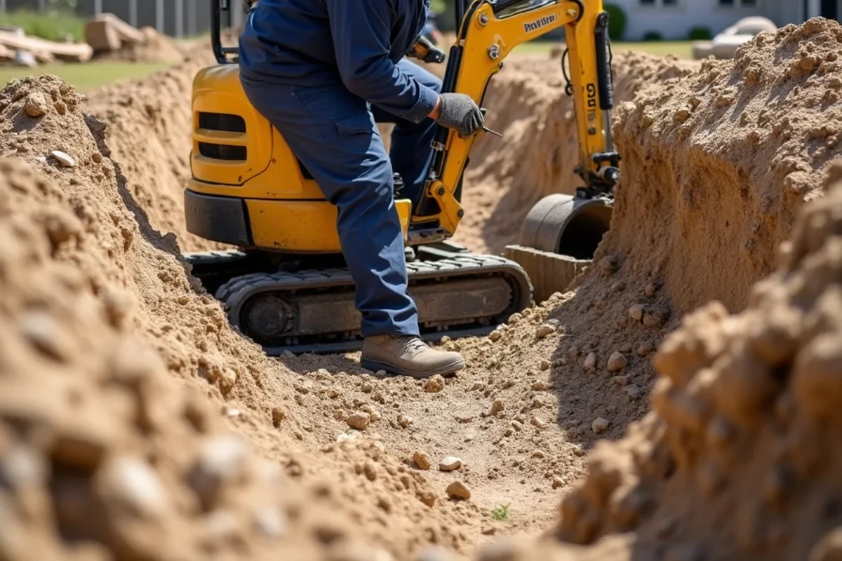 Mini excavator stripping soft kaolin clay soil and establishing stone base in Gloverville