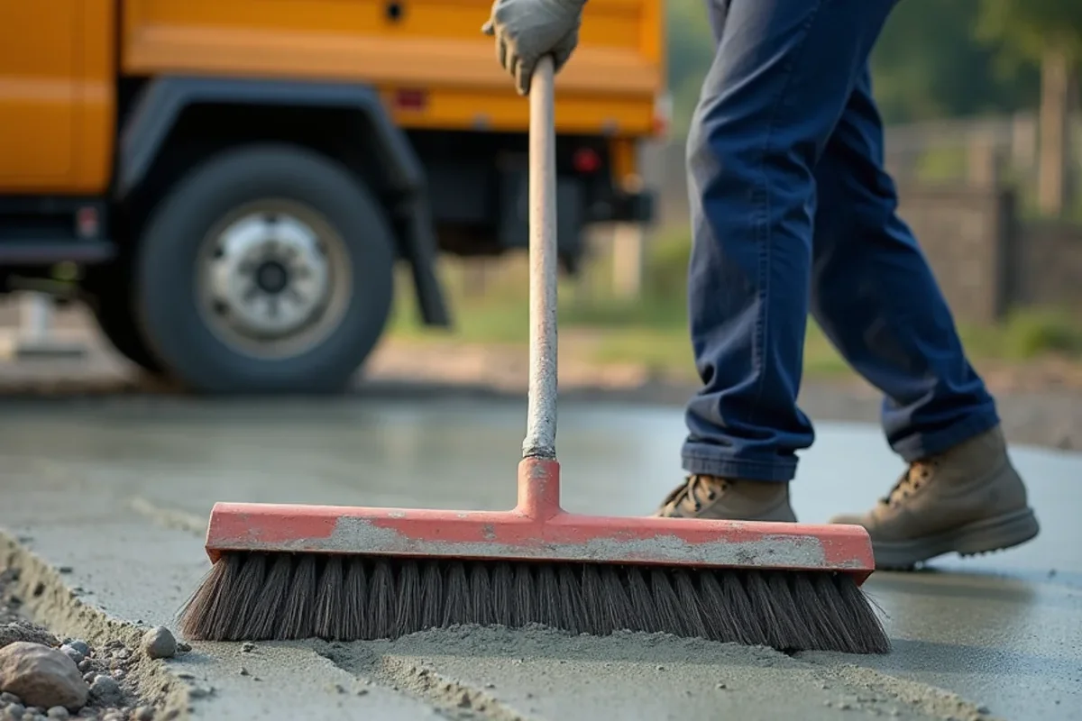 Finisher pulling horsehair broom across wet concrete for slip-resistant residential driveway finish