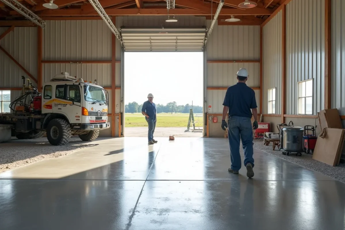 Smooth power-troweled concrete workshop floor inside commercial farm maintenance building in Johnston