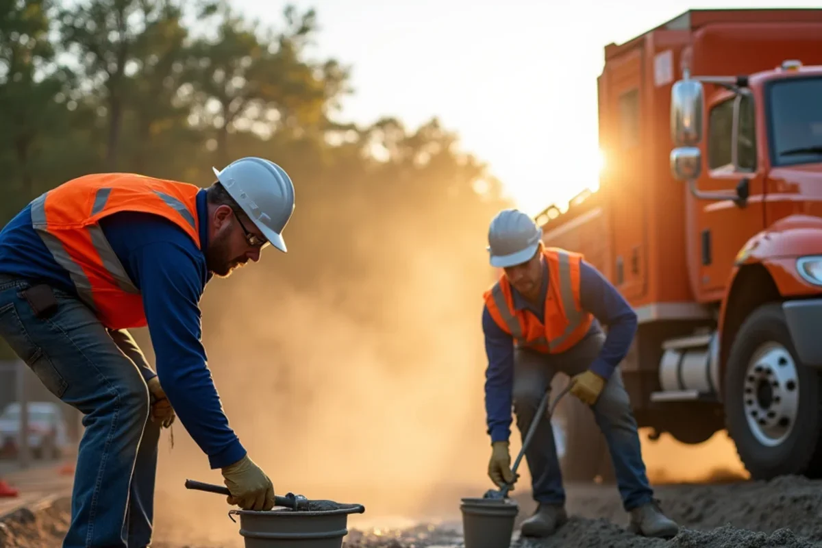 Concrete crew placing ready-mix concrete at 7 AM to beat intense South Carolina summer heat in Langley