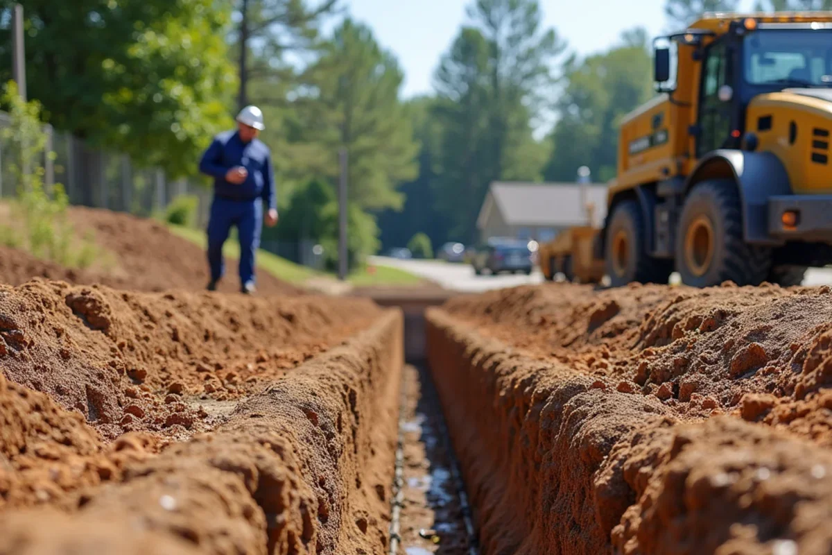 Reinforced concrete retaining wall footing excavated into hillside subgrade in McCormick County
