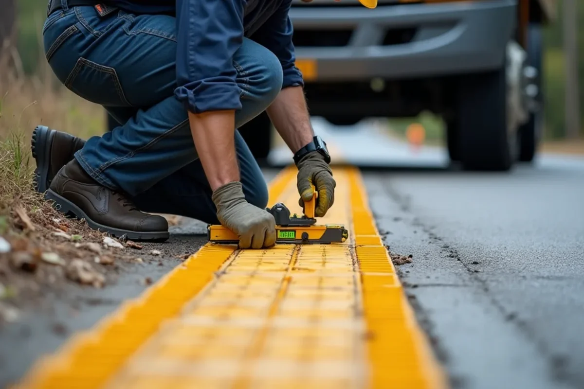 Installing wet-set truncated dome warning tiles flush with concrete sidewalk grade in McCormick