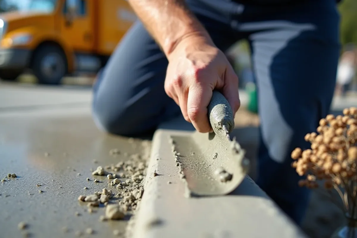 Artisan using stainless steel margin trowel to detail curb edge in McCormick