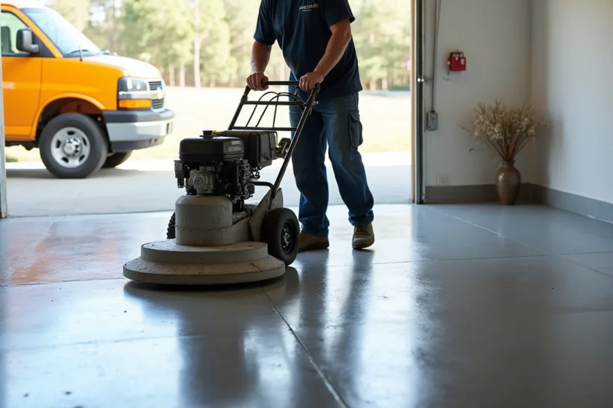 Walk-behind power trowel polishing concrete garage floor to a smooth, non-porous industrial finish