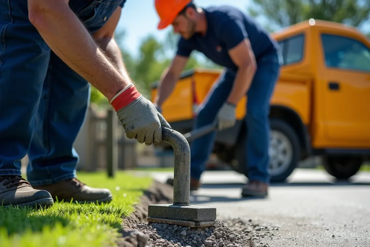 Technician tamping granular stone backfill against newly poured concrete slab perimeter