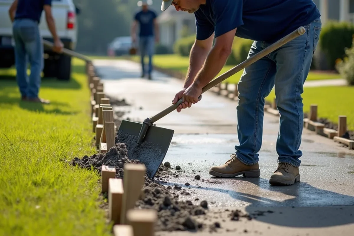 Concrete crew placing 4000 PSI ready-mix for residential driveway replacement in New Ellenton