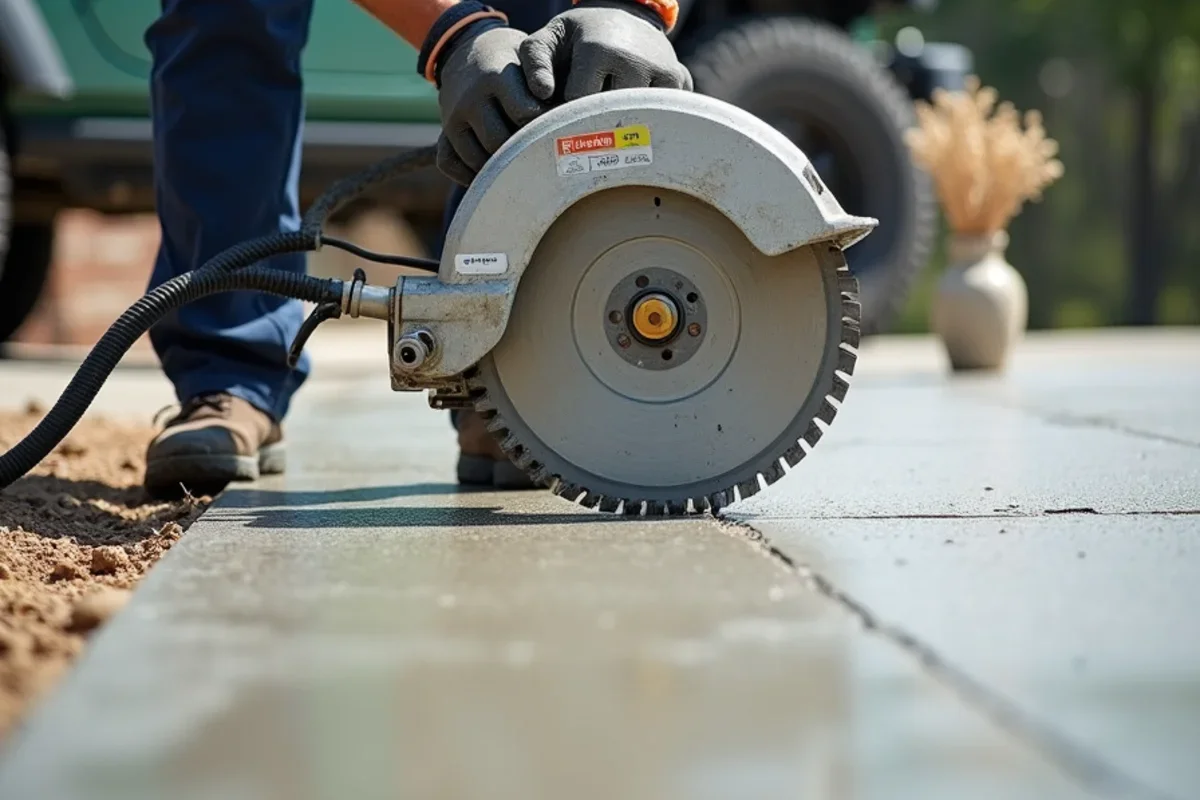Operator using walk-behind saw to cut clean 10-foot control joints in New Ellenton driveway