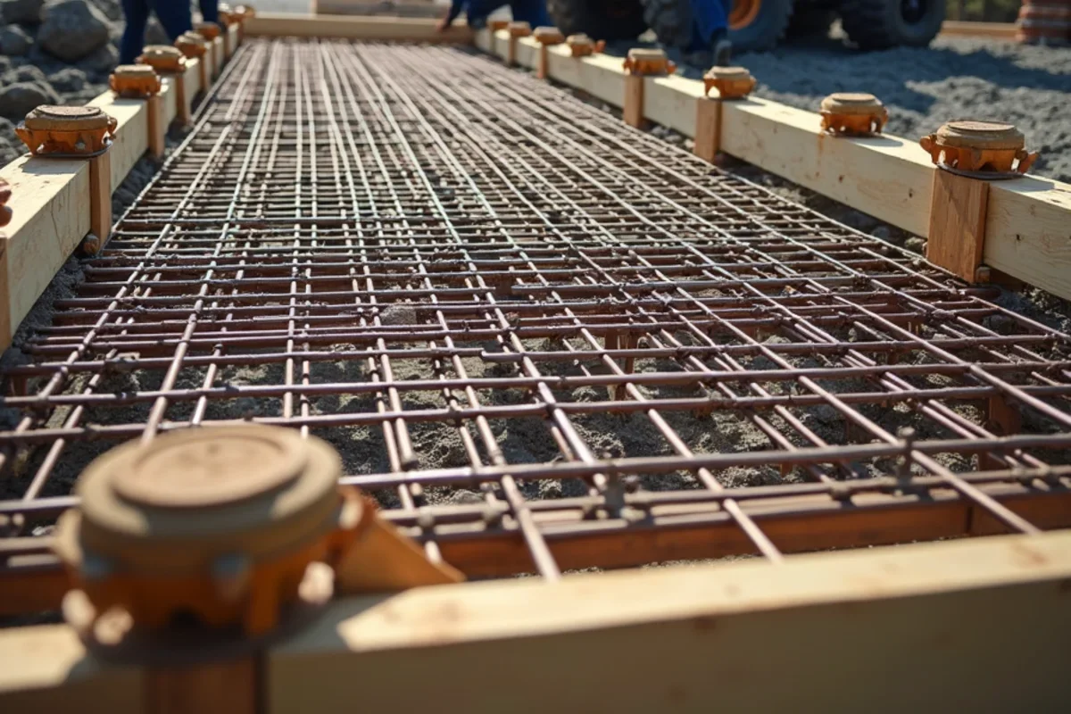 Continuous #4 steel rebar grid elevated on plastic chairs for heavy tractor loads in Saluda County