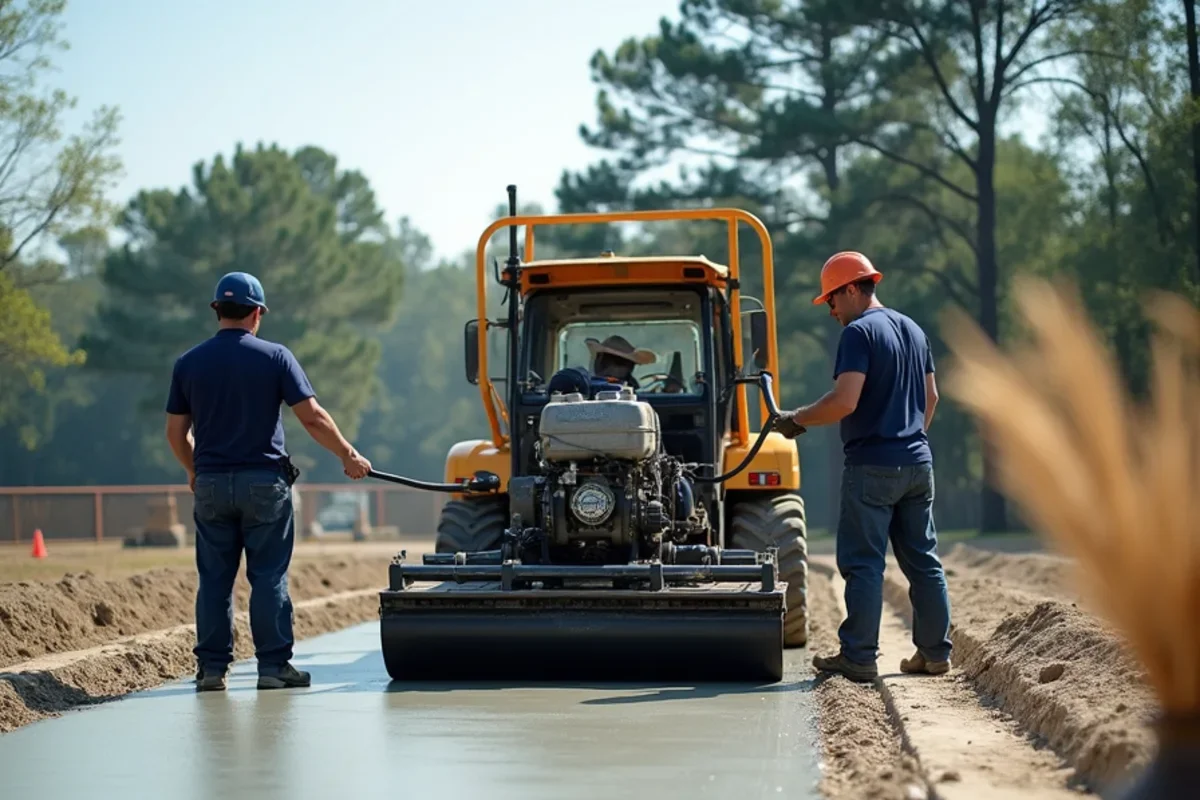 Vibratory truss screed consolidating 4000 PSI ready-mix on Saluda County farm slab