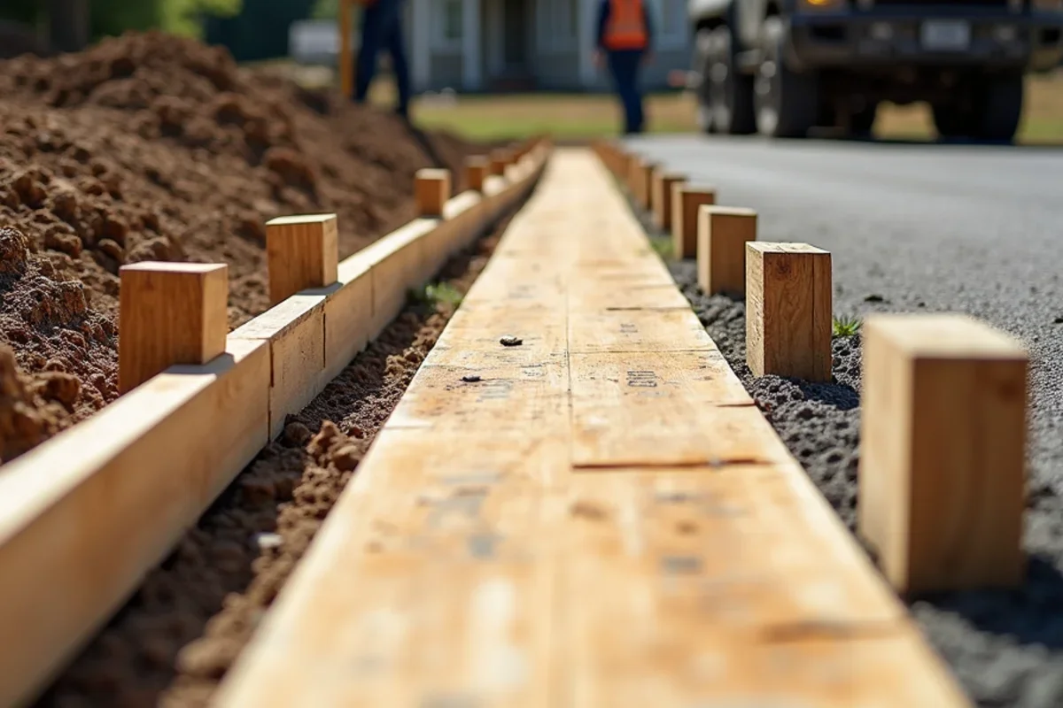 Rigid wood forms staked and braced along residential driveway alignment in Saluda