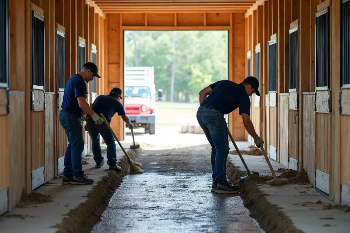 Concrete crew screeding center aisle slab with heavy traction finish in Wagener barn
