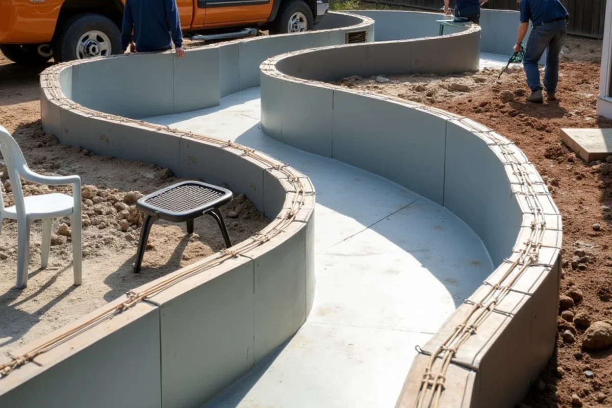 Flexible masonite forms shaping a freeform curved outdoor patio in a Williston backyard