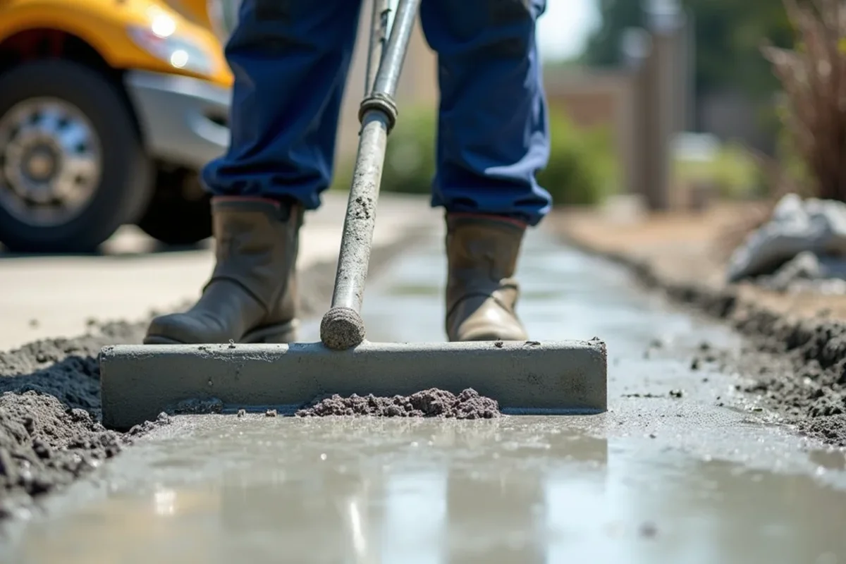 Concrete finisher sweeping wide magnesium bull float across freshly placed ready-mix concrete