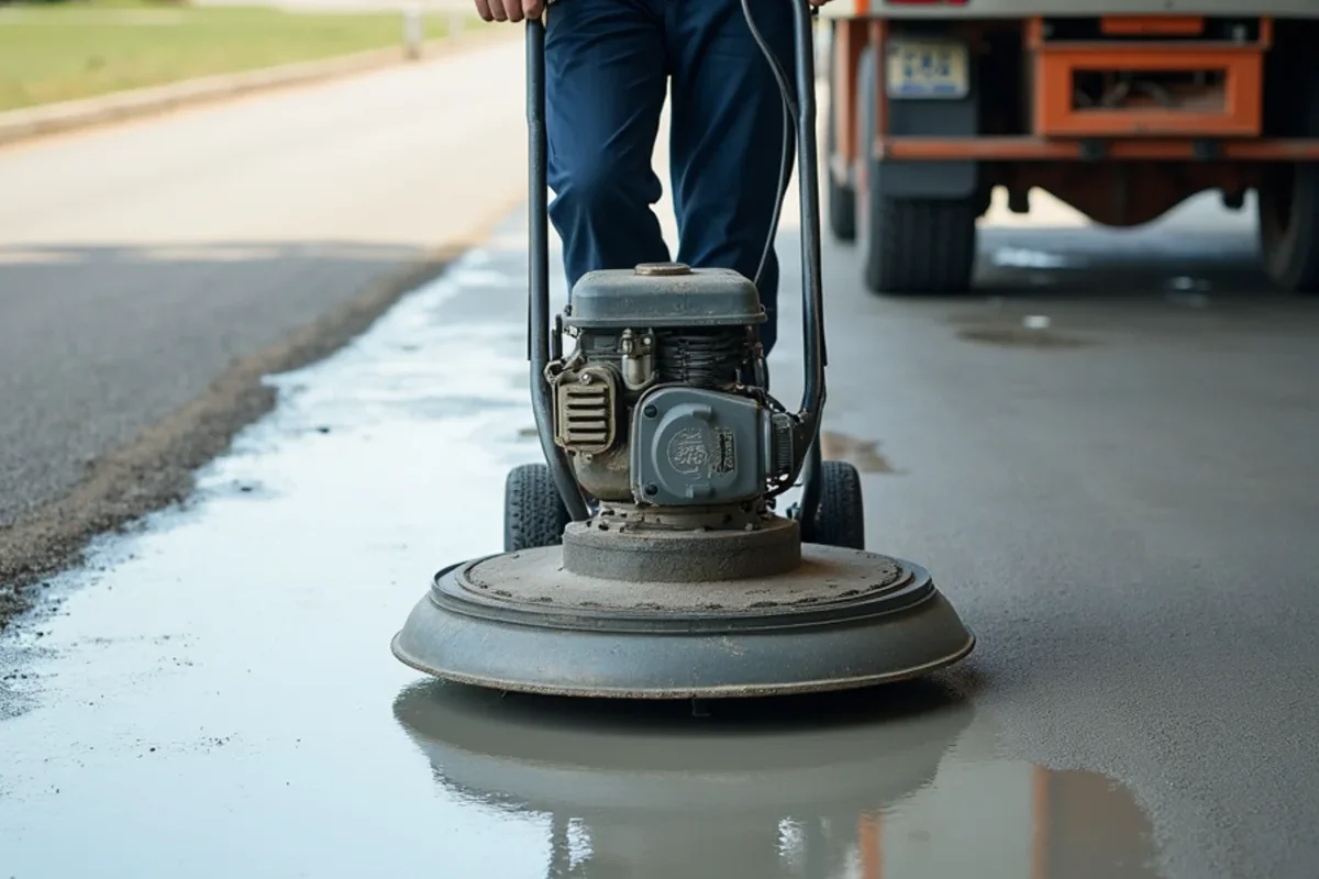 Walk-behind rotary power trowel with spinning steel blades polishing commercial concrete floor