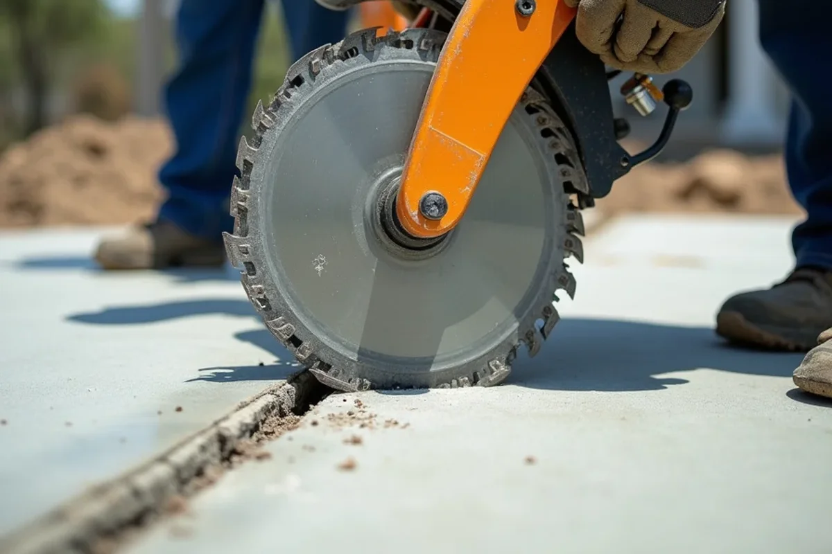 Walk-behind green-concrete diamond saw cutting contraction relief joint into fresh slab