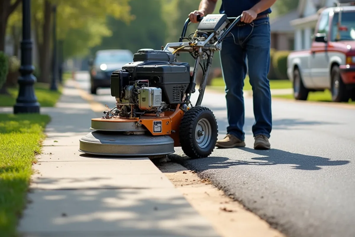 Walk-behind planetary concrete scarifier precision-milling raised concrete sidewalk edge